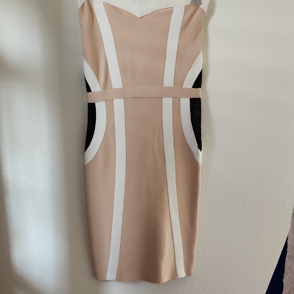 Hot Miami Styles Tan Pink Sheath Mini Dress Sweetheart Neckline